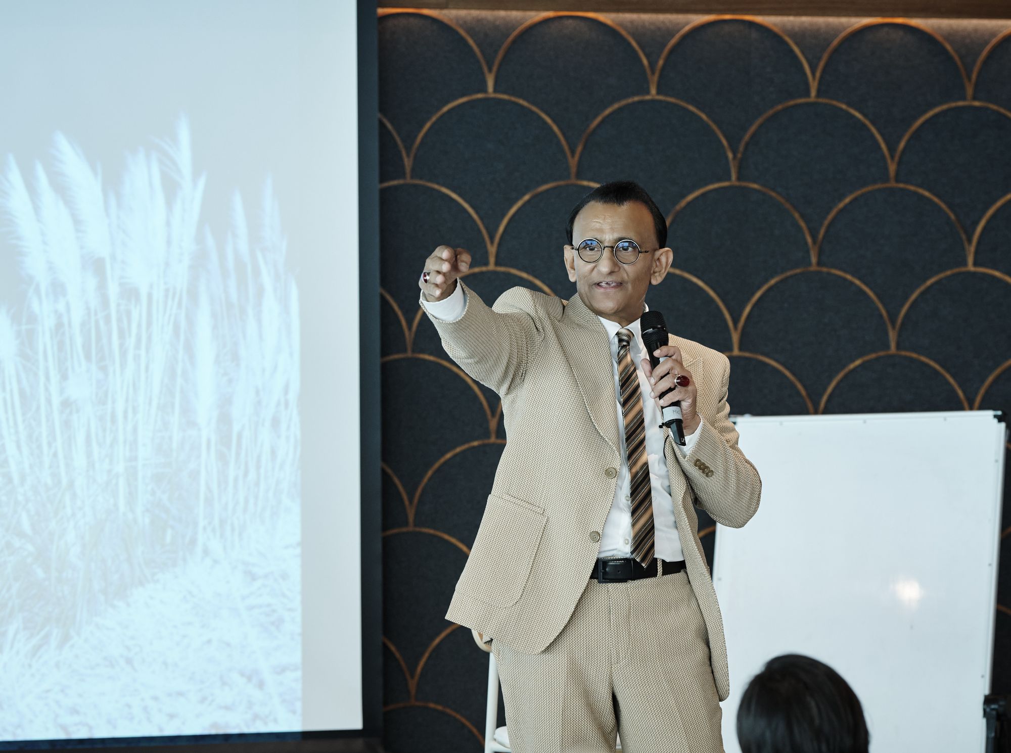 Zaffar Khan gesturing toward the projection screen while speaking
